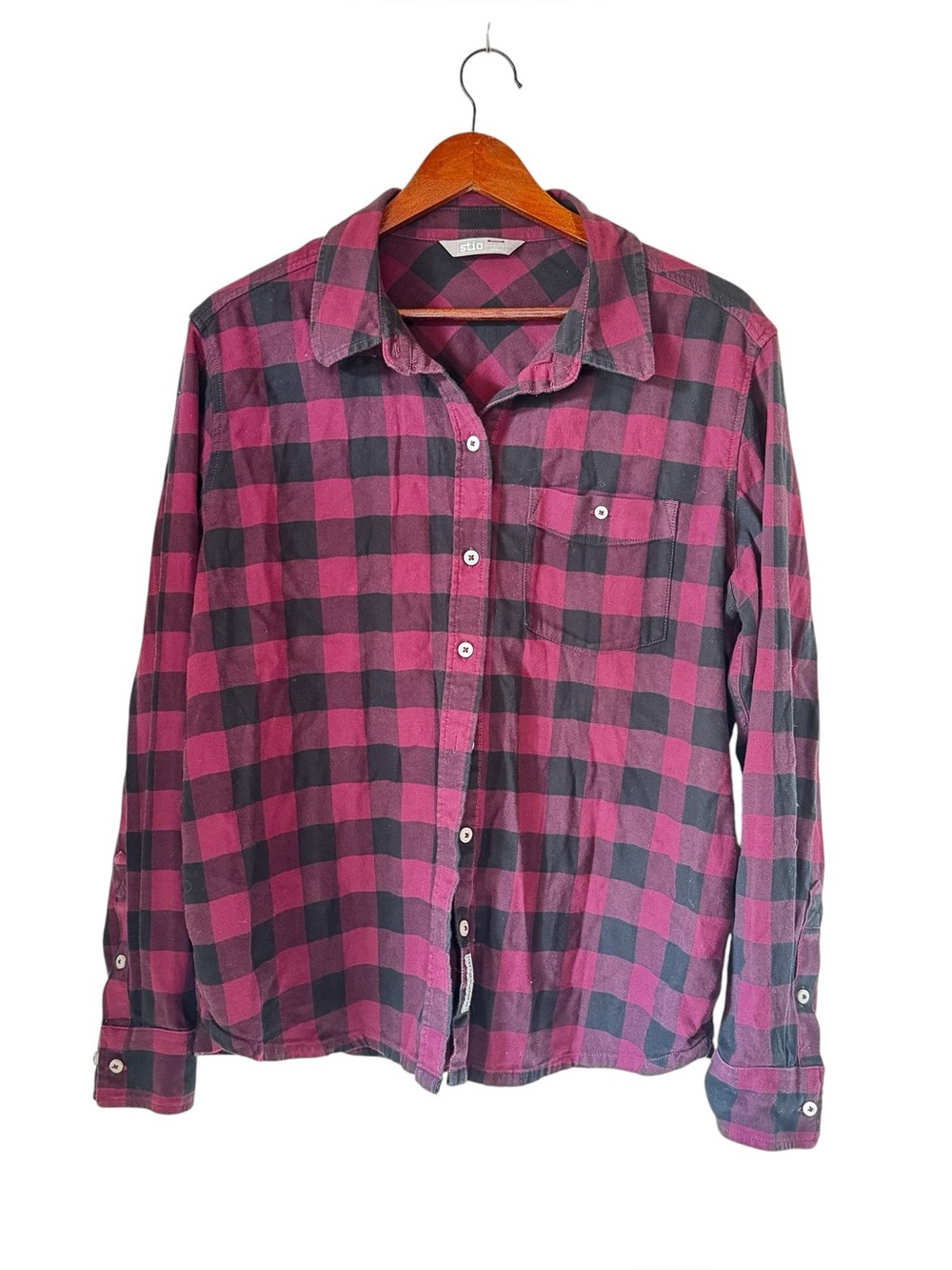 Stio Women’s XL Organic Cotton Buffalo Plaid Flannel Shirt Burgundy Black